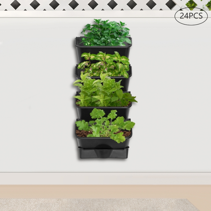 Hanging Vertical Wall Planter, 24 Planter Pots, 6 Drain Basins + 2m Drain Hose - Black