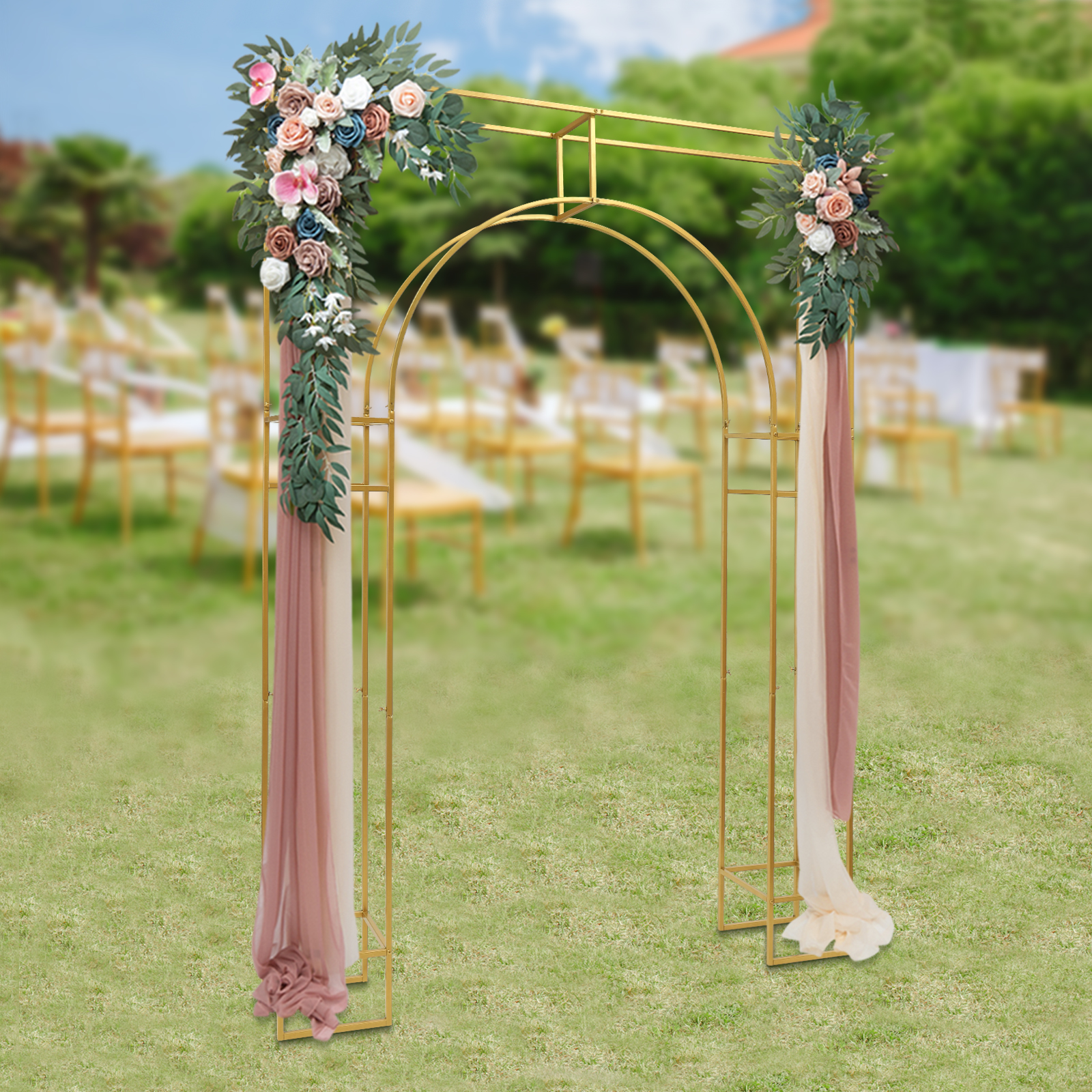Hochzeitsbogen-Hintergrundständer, goldene Hochzeitsbögen für Zeremonien, quadratischer Metall-Ballonbogenständer, Gartenlaubenrahmen
