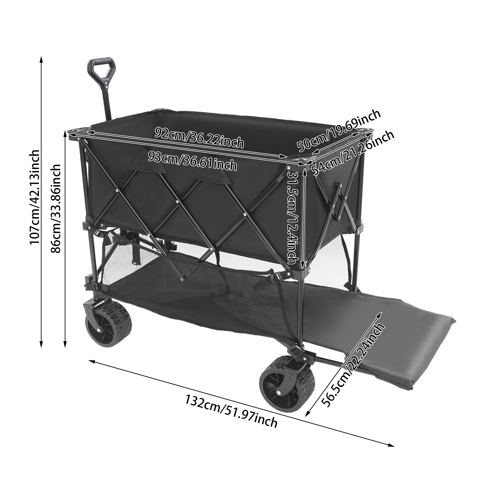 Black Collapsible Cart, Foldable Wagon Cart, Double Layer Cart for Camping Sites, Picnic Areas