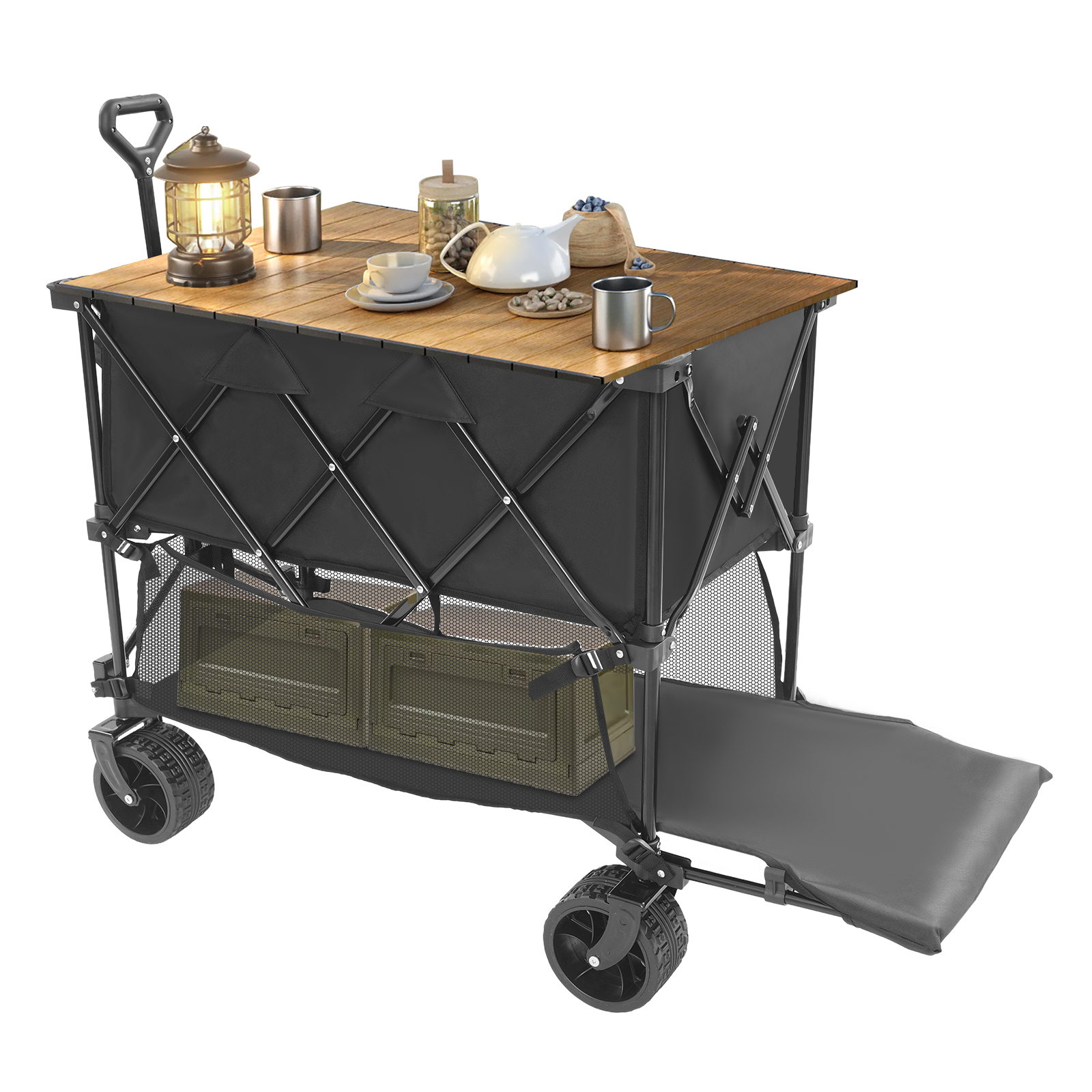 Chariot pliable noir, chariot double couche pour camping et aires de pique-nique