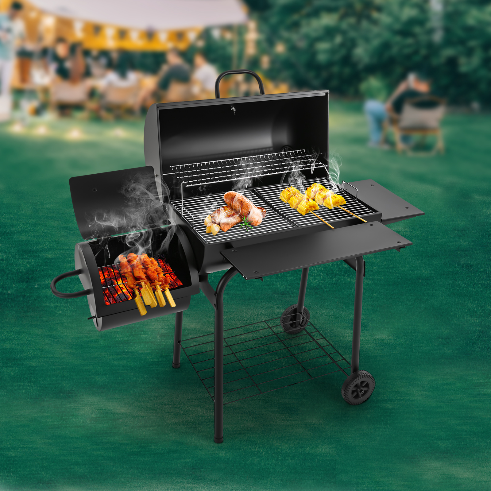 147 * 70 * 126 cm Holzkohlegrill, Holzkohlegrill für den Außenbereich, schwarzer Holzkohlegrill