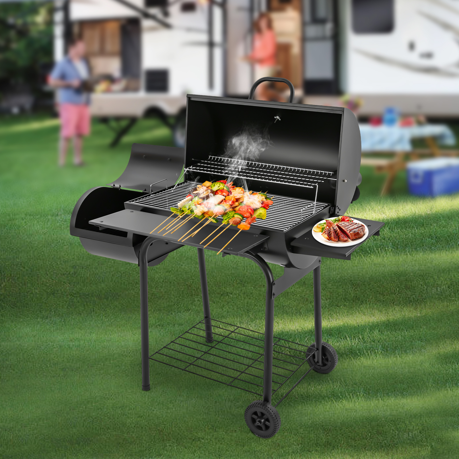 147 * 70 * 126 cm Holzkohlegrill, Holzkohlegrill für den Außenbereich, schwarzer Holzkohlegrill 147 * 70 * 126 cm Holzkohlegrill, Holzkohlegrill für den Außenbereich, schwarzer Holzkohlegrill