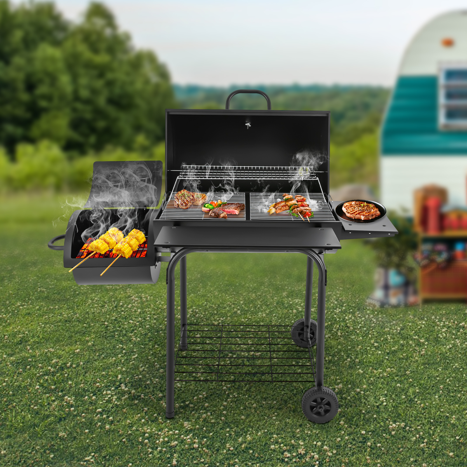 147 * 70 * 126 cm Holzkohlegrill, Holzkohlegrill für den Außenbereich, schwarzer Holzkohlegrill 147 * 70 * 126 cm Holzkohlegrill, Holzkohlegrill für den Außenbereich, schwarzer Holzkohlegrill