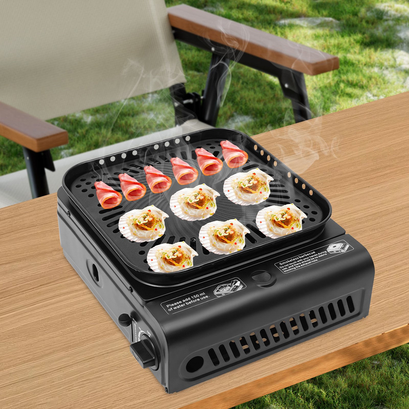 30,5 x 27,3 x 12 cm Campinggrill, draagbare campinggrill, gasfornuis met draagbare draagtas - Zwart