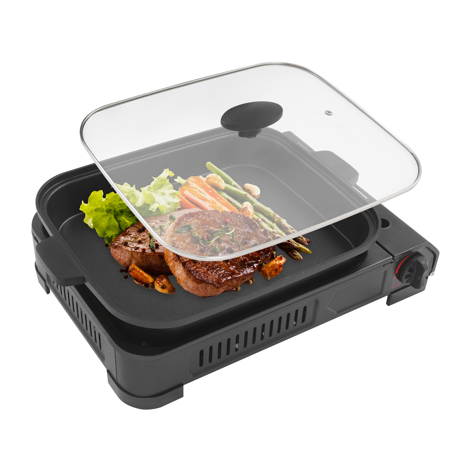 45x30,5x8,5cm Kooktoestel met grillpan en deksel, draagbaar gasfornuis, butaangas kampeerfornuis - Zwart 45x30,5x8,5cm Kooktoestel met grillpan en deksel, draagbaar gasfornuis, butaangas kampeerfornuis - Zwart
