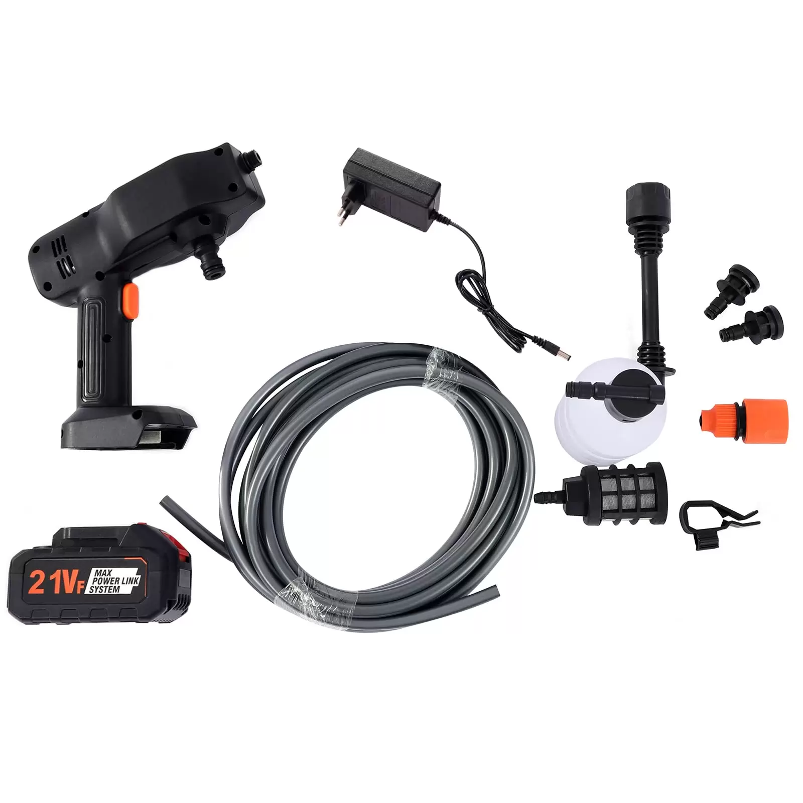 1Mpa/145Psi 2,4L/min 7M Akku-Hochdruckreiniger Sprühweite Akku-Druckreiniger mit 5M Schlauch für Autos Boote Garten