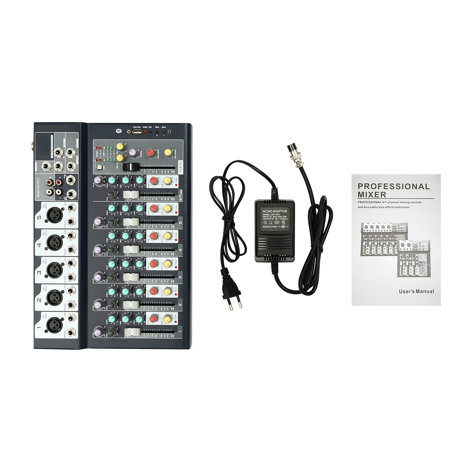 Professioneller 7-Kanal-Soundmixer Audio-Powered Mixer 7-Kanal-Soundkonsole Professioneller 7-Kanal-Soundmixer Audio-Powered Mixer 7-Kanal-Soundkonsole