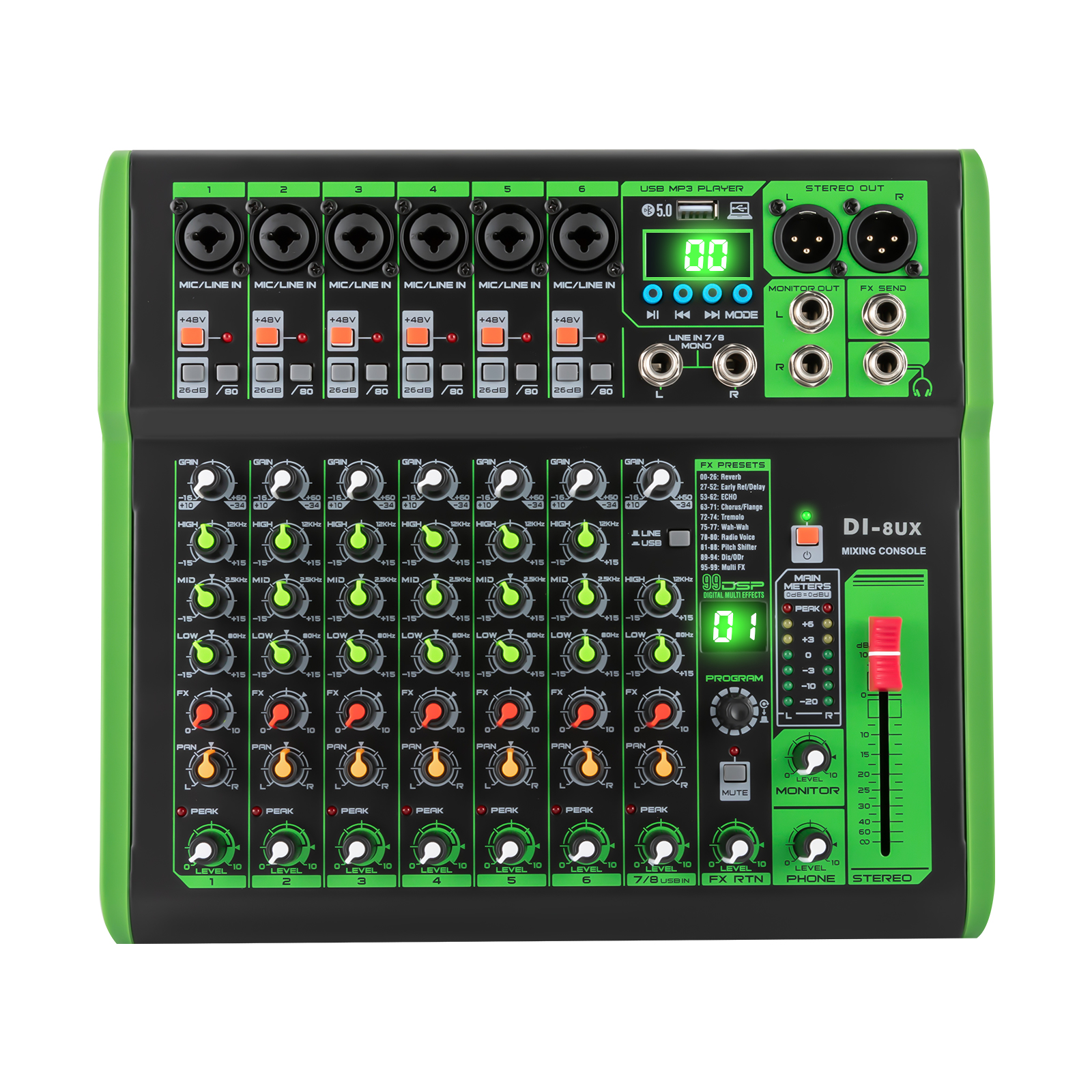Professioneller Mixer der 8UX-Serie mit 99 digitalen DSP-Effekten Professioneller Mixer der 8UX-Serie mit 99 digitalen DSP-Effekten