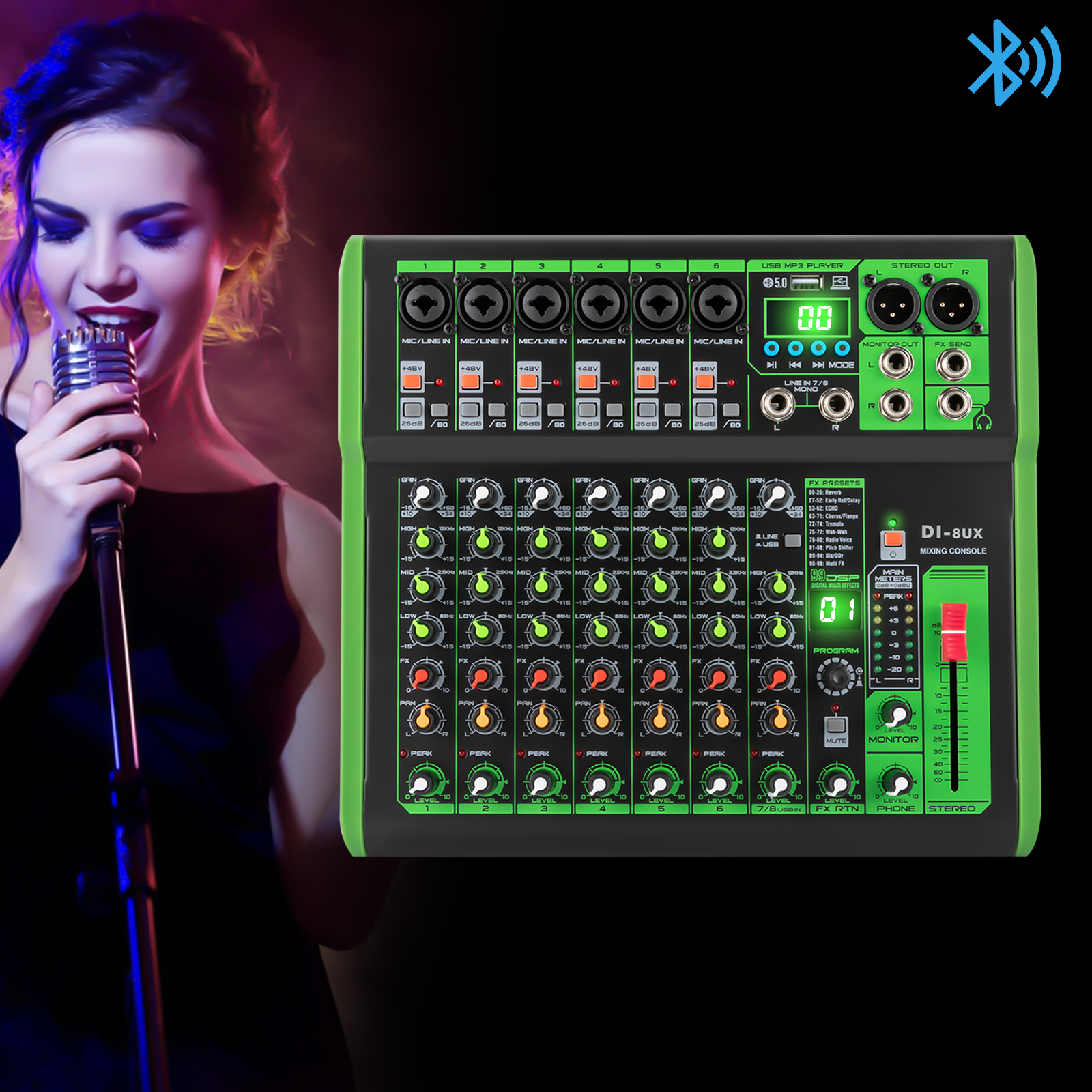 Professioneller Mixer der 8UX-Serie mit 99 digitalen DSP-Effekten Professioneller Mixer der 8UX-Serie mit 99 digitalen DSP-Effekten
