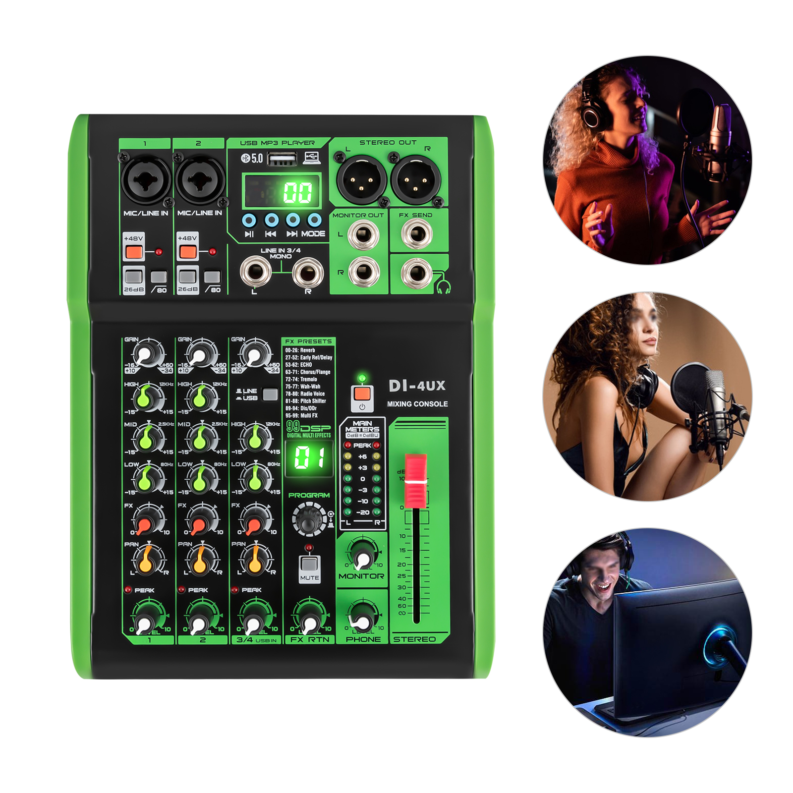 Professioneller Audiomixer mit 99 DSP Digitaleffekten USB MP3 Eingang 48V Professionelle Phantomspeisung Mikrofonvorverstärker