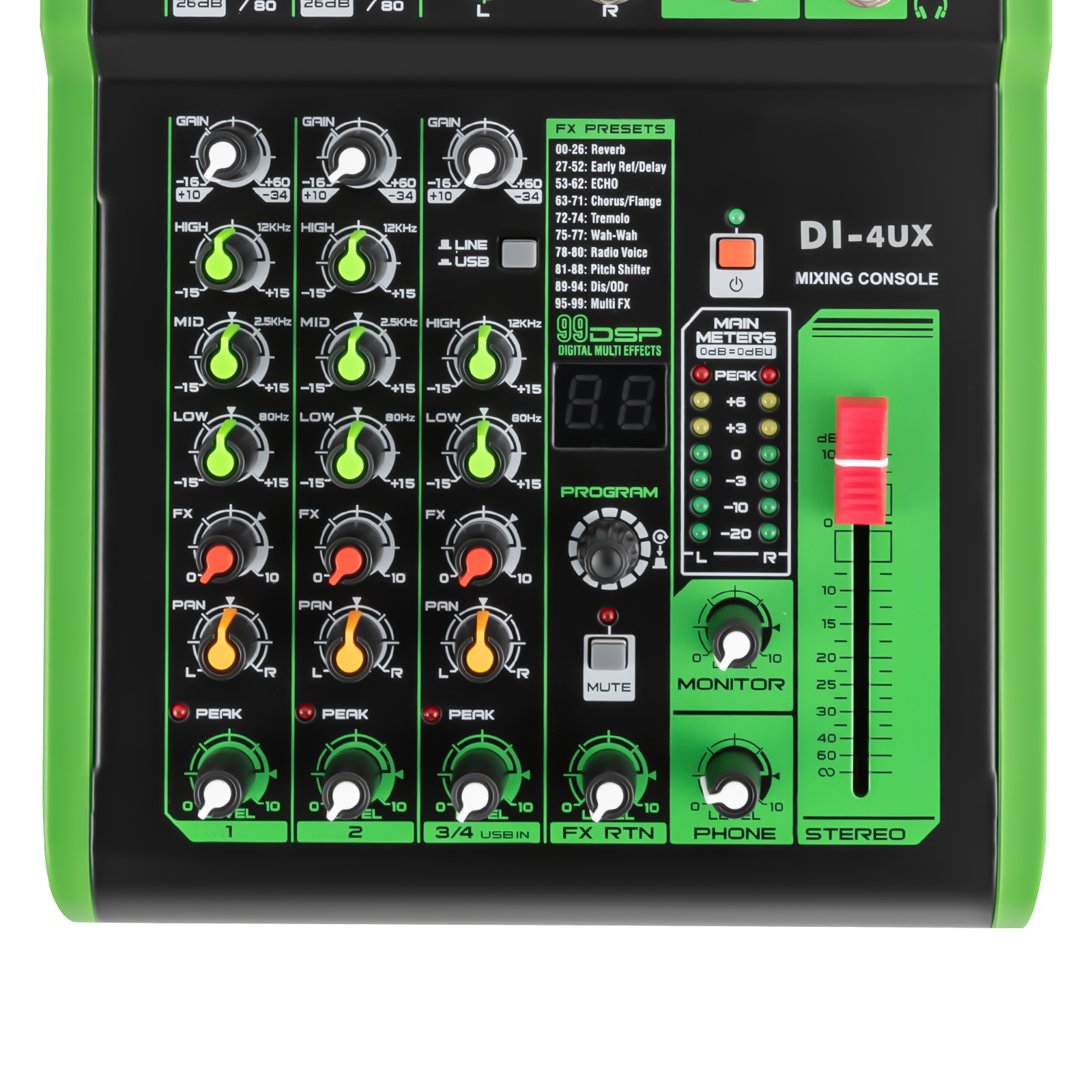 Professioneller Audiomixer mit 99 DSP Digitaleffekten USB MP3 Eingang 48V Professionelle Phantomspeisung Mikrofonvorverstärker