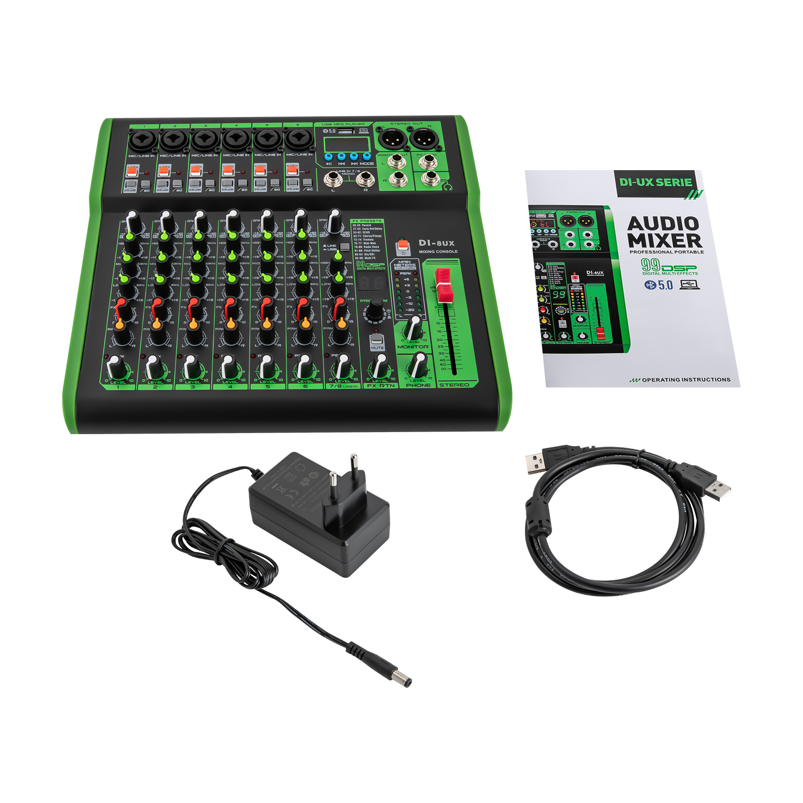 Professioneller Audiomixer mit 99 DSP Digitaleffekten USB MP3 Eingang 48V Professionelle Phantomspeisung Mikrofonvorverstärker