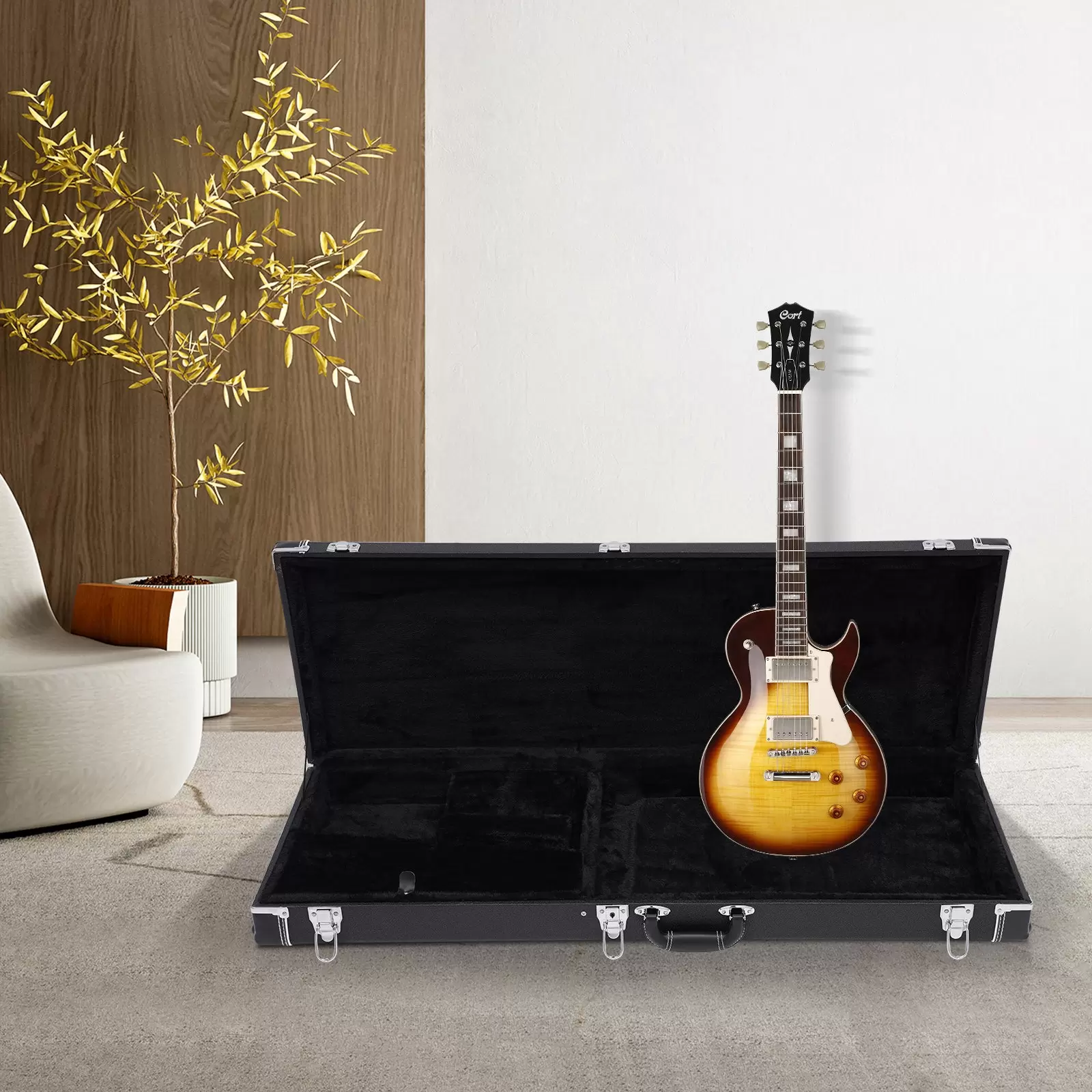 Hartschalenkoffer für E-Gitarre, Rechteckige Holz-Hartschalentasche für ST TL Style mit Verriegelungspolsterung (Schwarz)