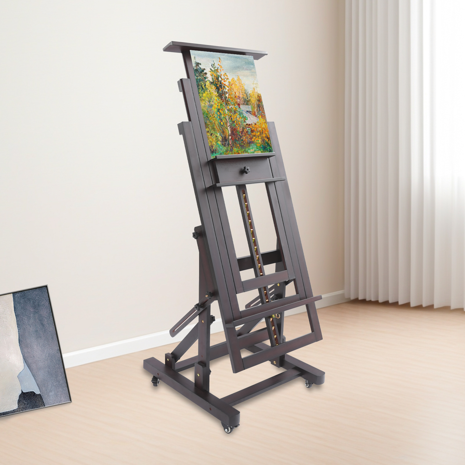 Chevalet d'atelier DHJ-3 60 x 65 x 140-300 cm pour peinture, chevalet d'artiste professionnel, support pour chevalet d'art - Couleur noyer noir