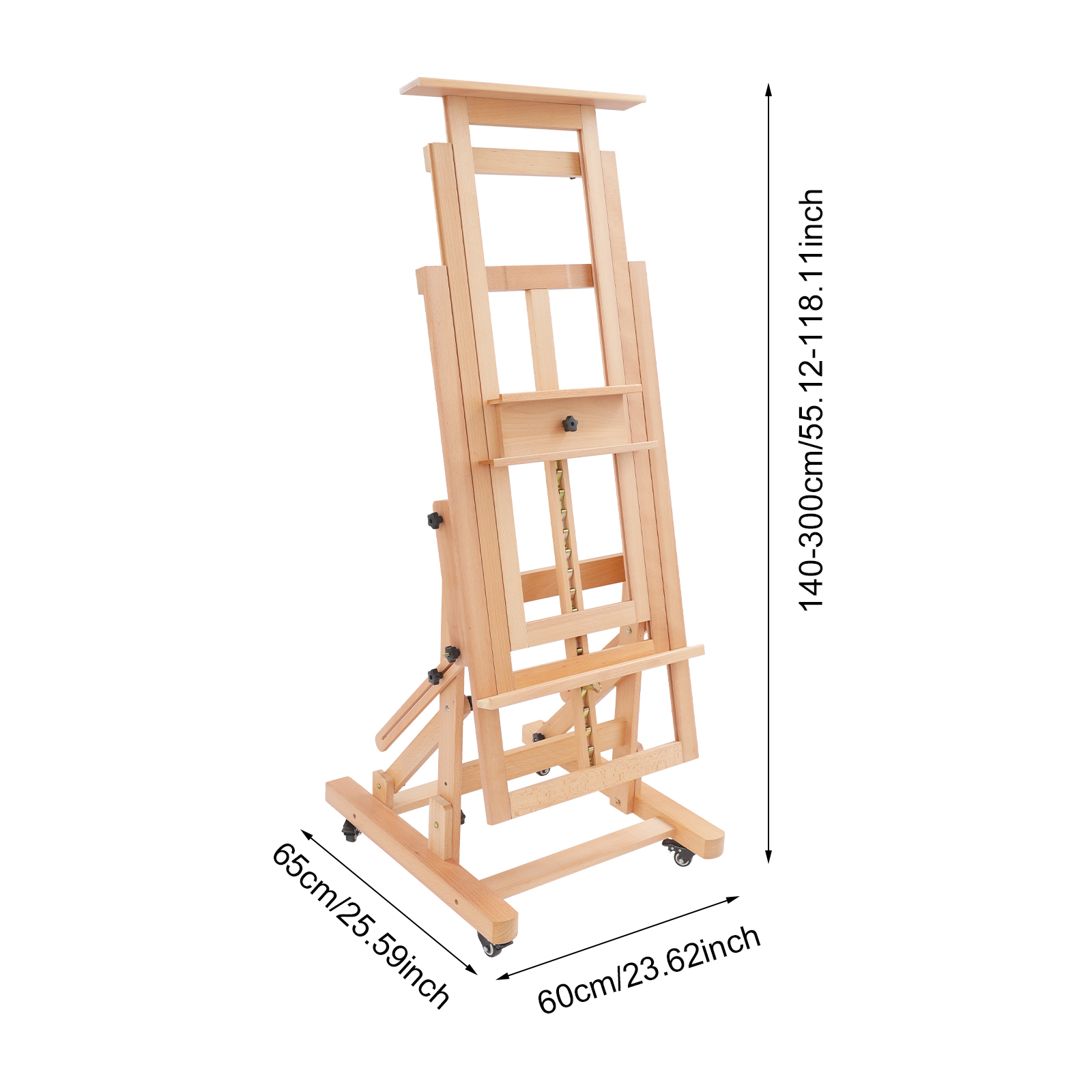 Chevalet d'atelier DHJ-3 60 x 65 x 140-300 cm pour peinture, chevalet d'artiste professionnel, support pour chevalet d'art - Couleur bois