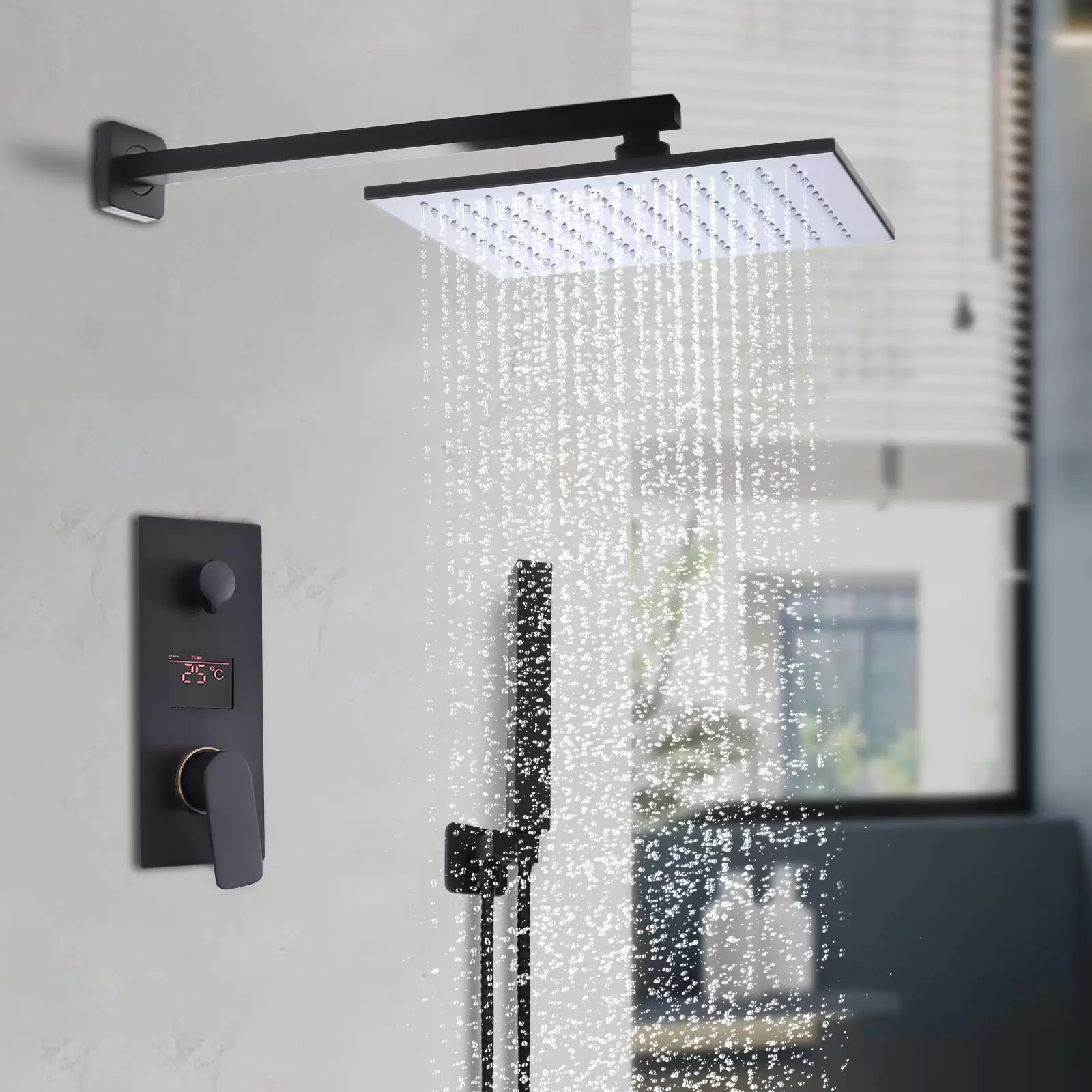 12 Zoll Schwarz Unterputz Duschsystem Regenbrause Armatur System LED Matt Moderne Lufteinblasbrausegarnitur 30 x 30 cm eckigem Brausekopf