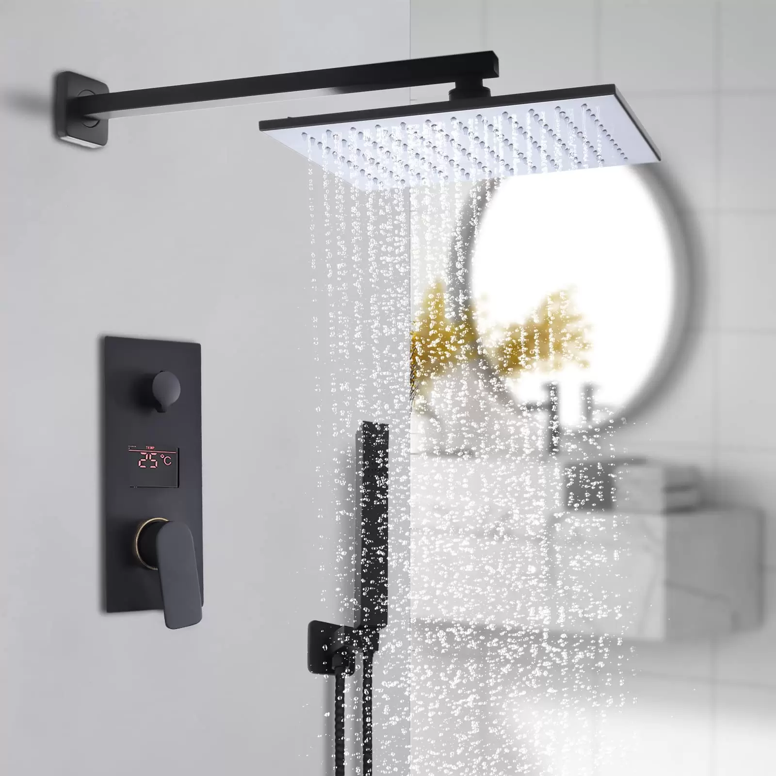 12 Zoll Schwarz Unterputz Duschsystem Regenbrause Armatur System LED Matt Moderne Lufteinblasbrausegarnitur 30 x 30 cm eckigem Brausekopf