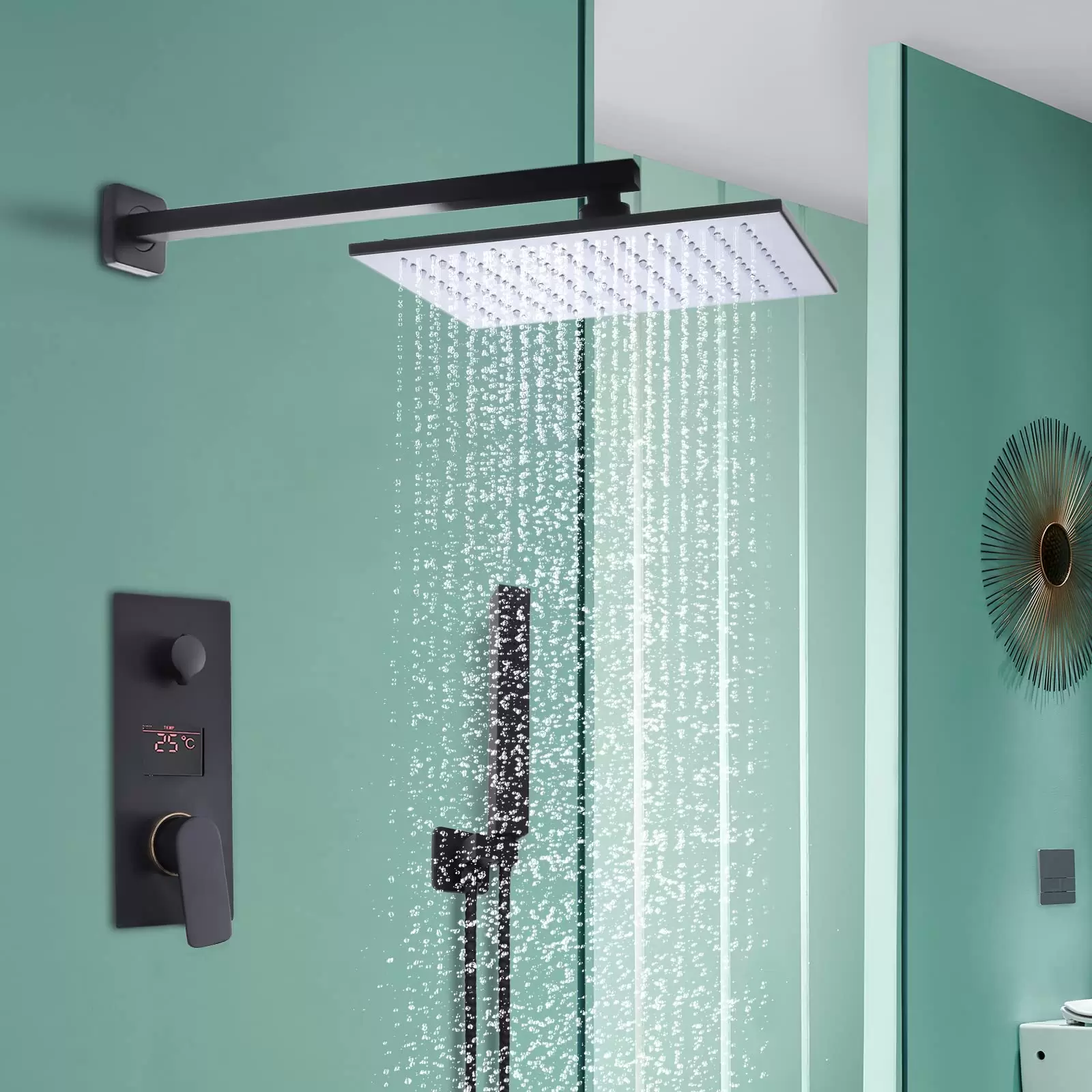 12 Zoll Schwarz Unterputz Duschsystem Regenbrause Armatur System LED Matt Moderne Lufteinblasbrausegarnitur 30 x 30 cm eckigem Brausekopf