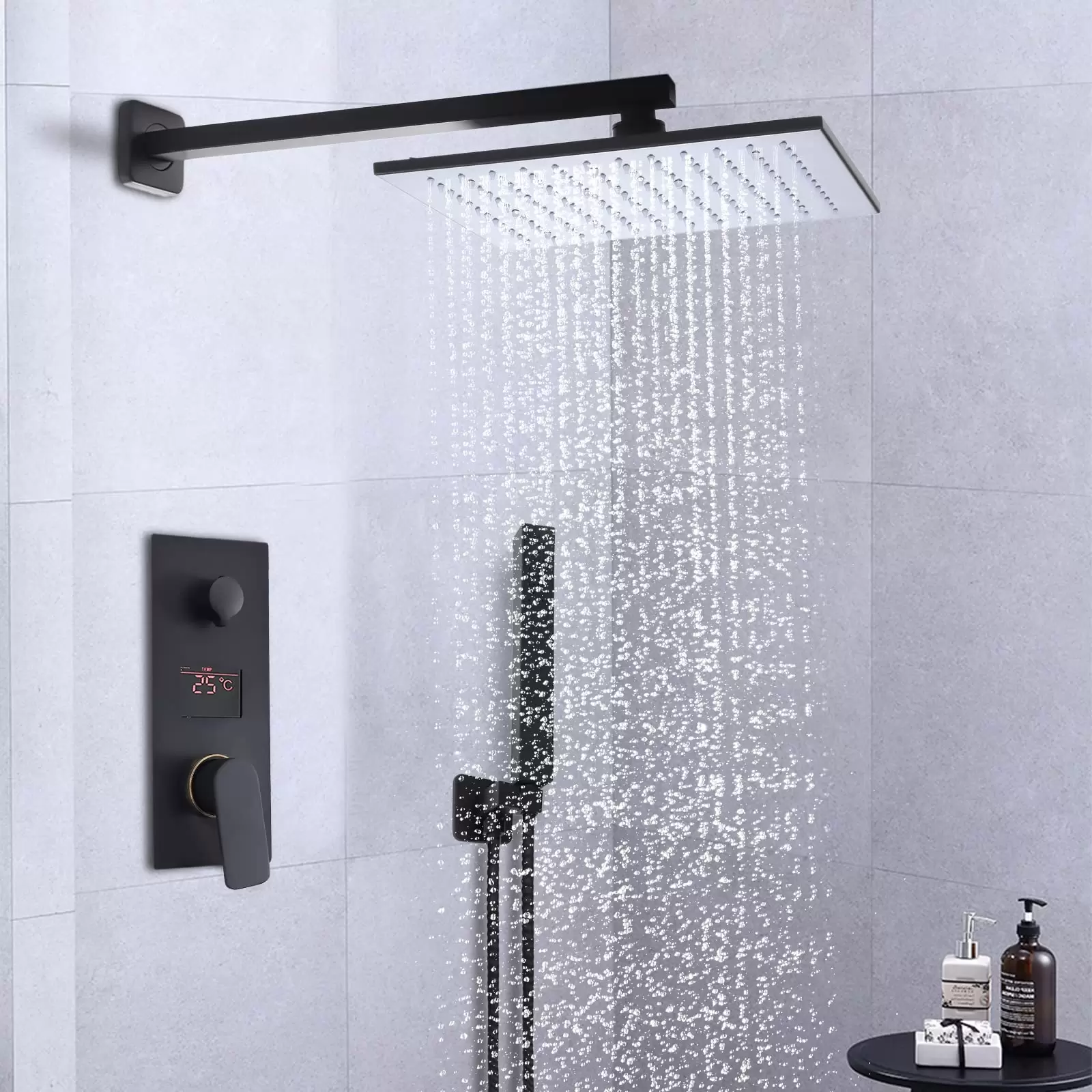 12 Zoll Schwarz Unterputz Duschsystem Regenbrause Armatur System LED Matt Moderne Lufteinblasbrausegarnitur 30 x 30 cm eckigem Brausekopf