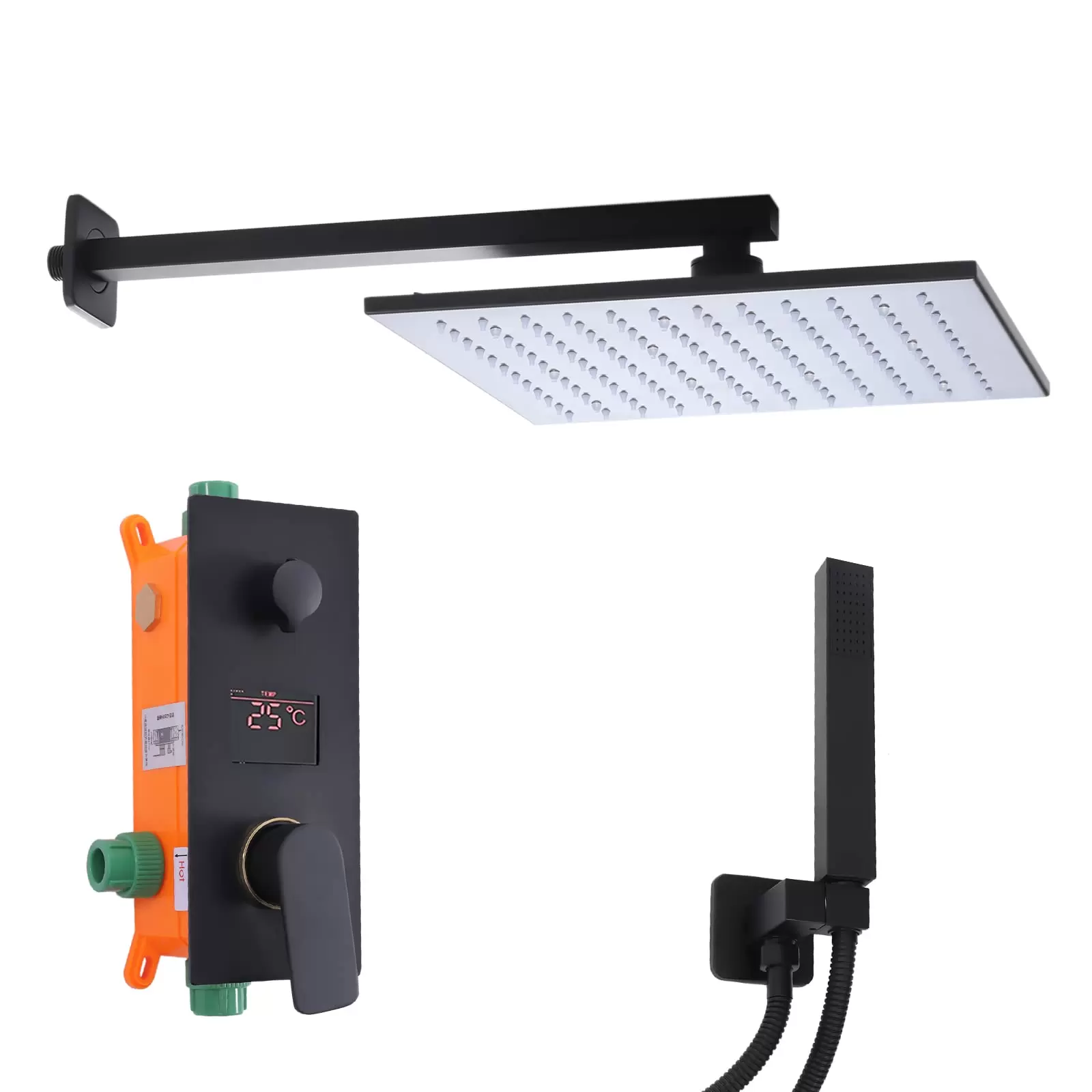 12 Zoll Schwarz Unterputz Duschsystem Regenbrause Armatur System LED Matt Moderne Lufteinblasbrausegarnitur 30 x 30 cm eckigem Brausekopf