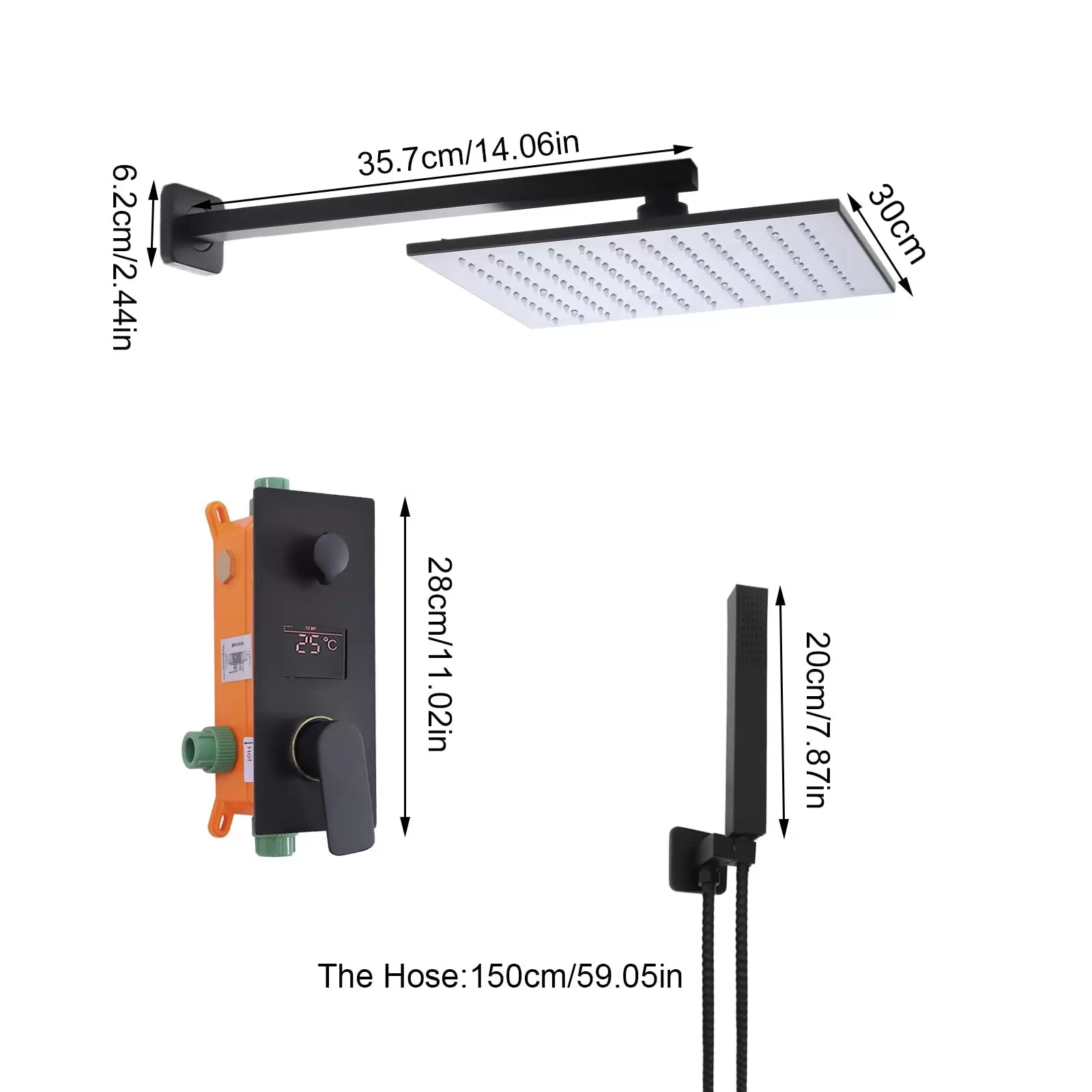 12 Zoll Schwarz Unterputz Duschsystem Regenbrause Armatur System LED Matt Moderne Lufteinblasbrausegarnitur 30 x 30 cm eckigem Brausekopf